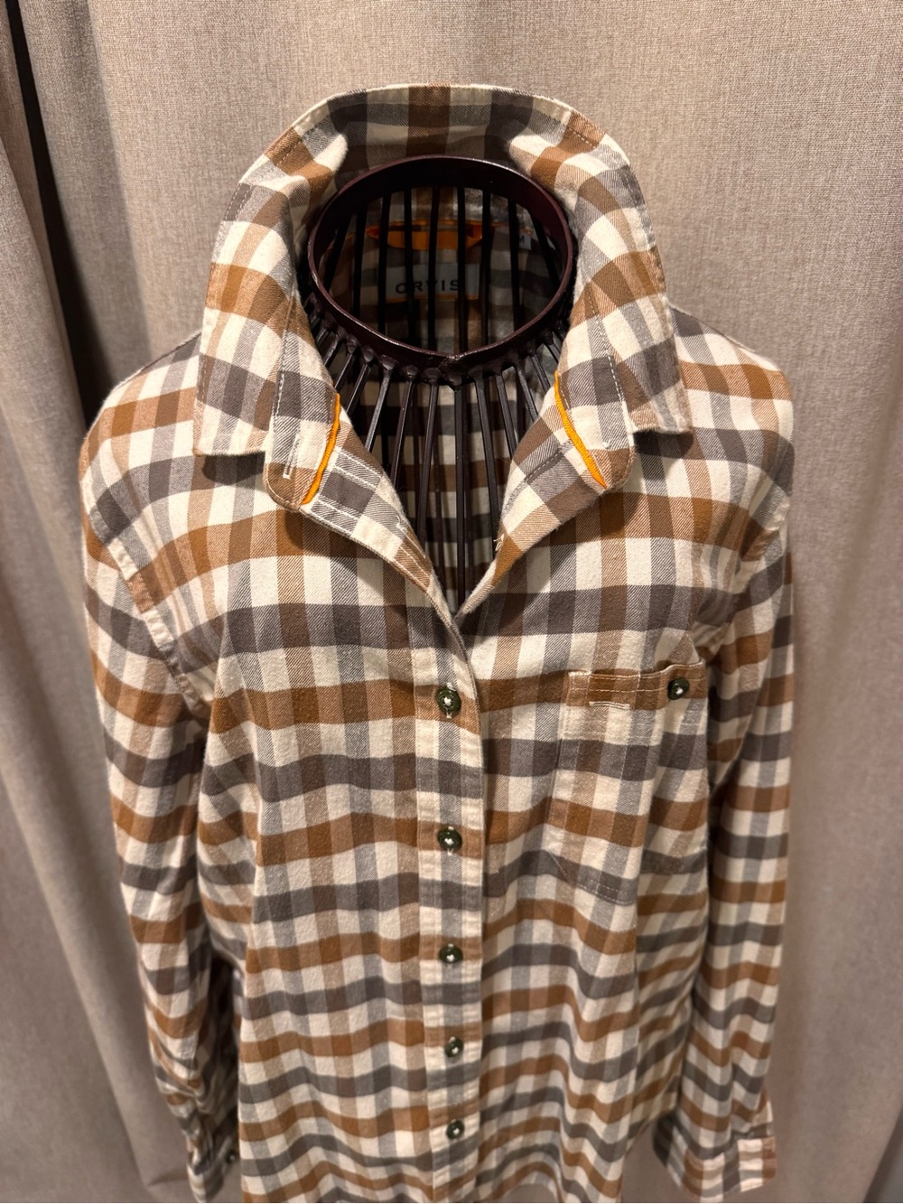 Orvis Brown Buffalo Check Gingham Stretch Flannel Shirt Size M